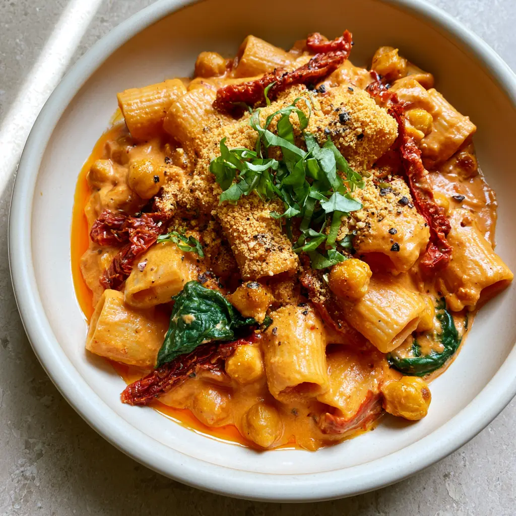 Overhead view of Sun-dried tomato chickpea pasta showing wilted spinach and vegan parmesan dust.