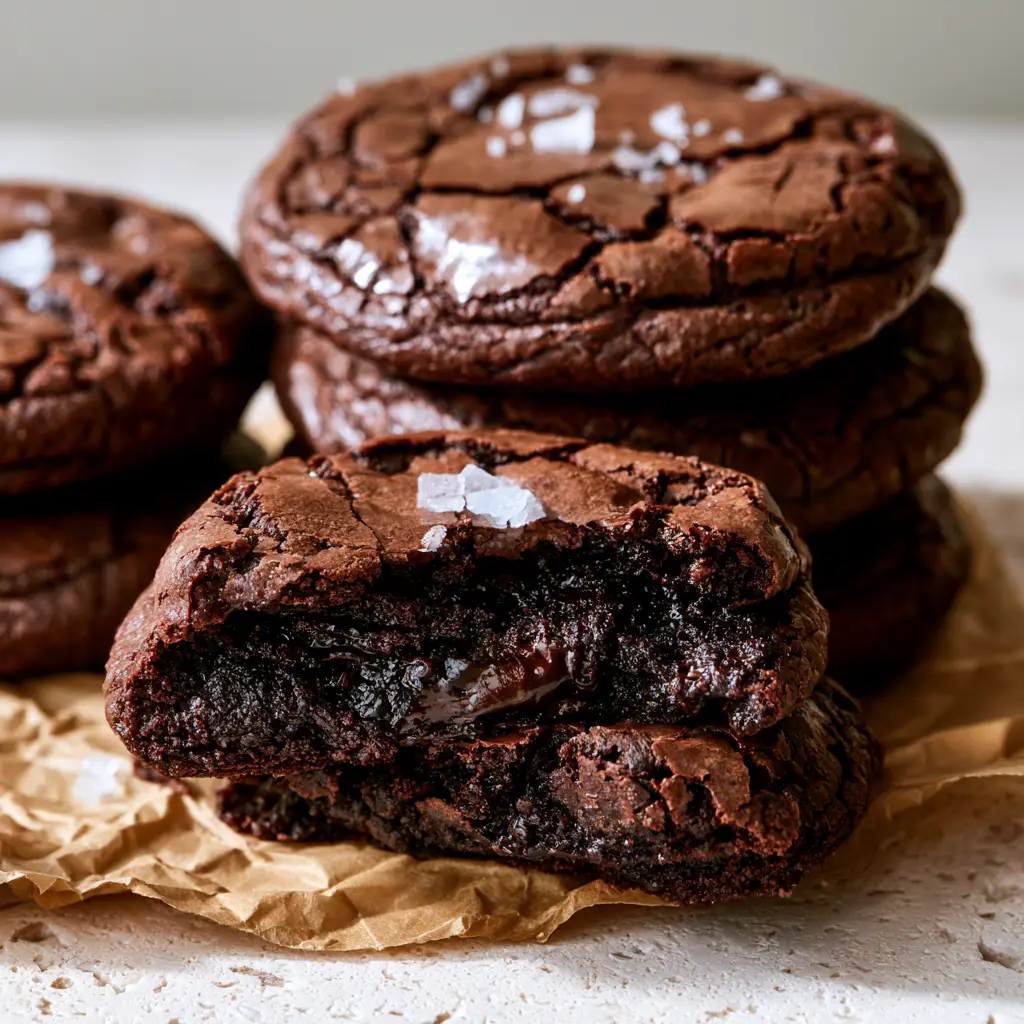 Extreme macro of Fudgy brownie cookies showing the shiny shattered top and gooey chocolate interior.
