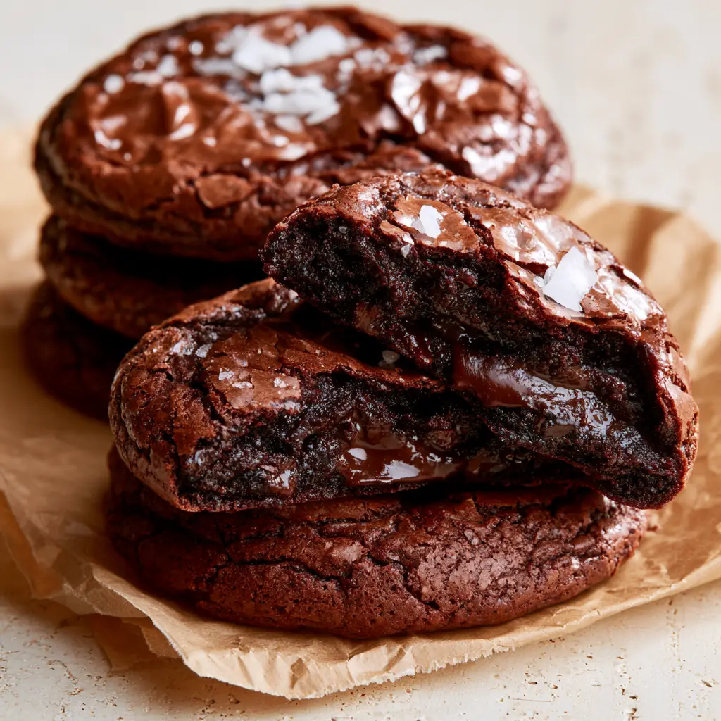 A stack of thick dark cocoa Fudgy brownie cookies with melted semi-sweet chocolate pools.