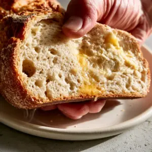 Extreme macro shot of a thick artisan slice of paleo yeast bread showing a creamy white airy crumb and golden-brown crust. (Paleo Bread Recipe)