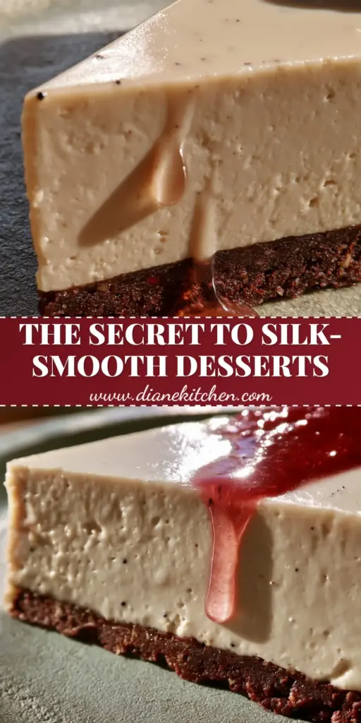A tall slice of raw vegan vanilla bean cheesecake with a dark cacao crust and a single raspberry glaze drip. (raw vegan desserts)