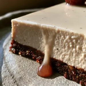 Macro view of ivory cashew cream with microscopic vanilla bean specks. (raw vegan desserts)