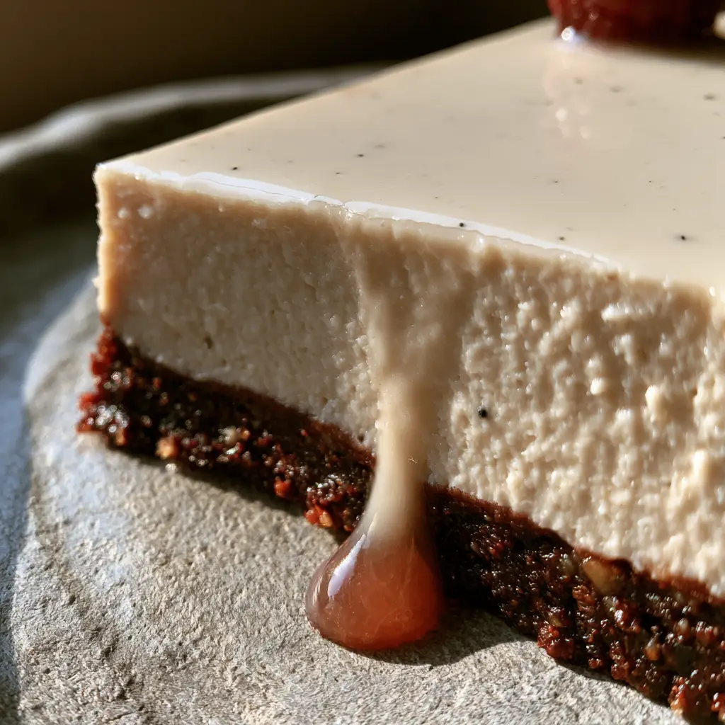 Macro view of ivory cashew cream with microscopic vanilla bean specks. (raw vegan desserts)