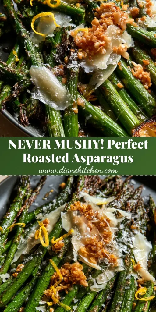 Oven Roasted Asparagus with Charred Garlic and Melted Parmesan 3 A close-up of oven roasted asparagus on a dark pan with melted parmesan flakes, charred tips, and roasted garlic. (oven roasted asparagus)