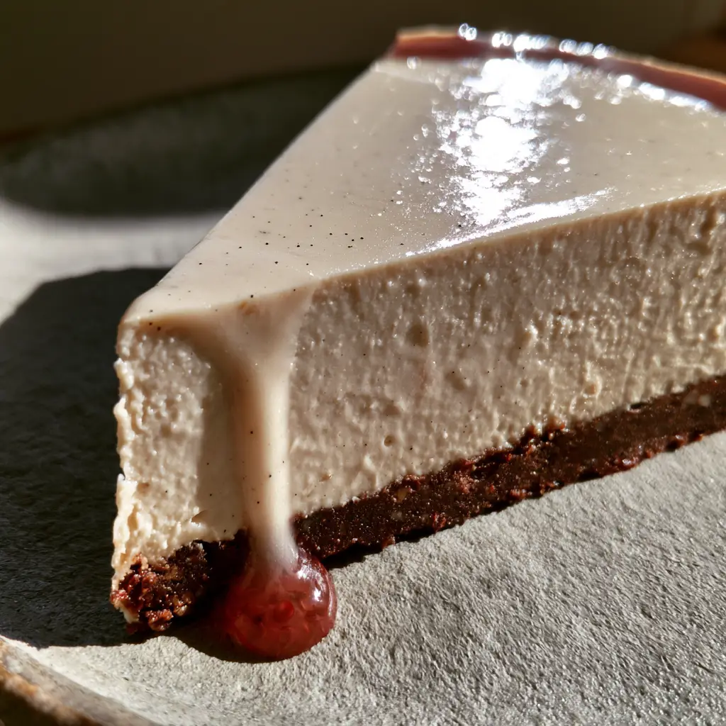 A close-up of a translucent raspberry glaze droplet frozen mid-drip on a vegan cheesecake slice.