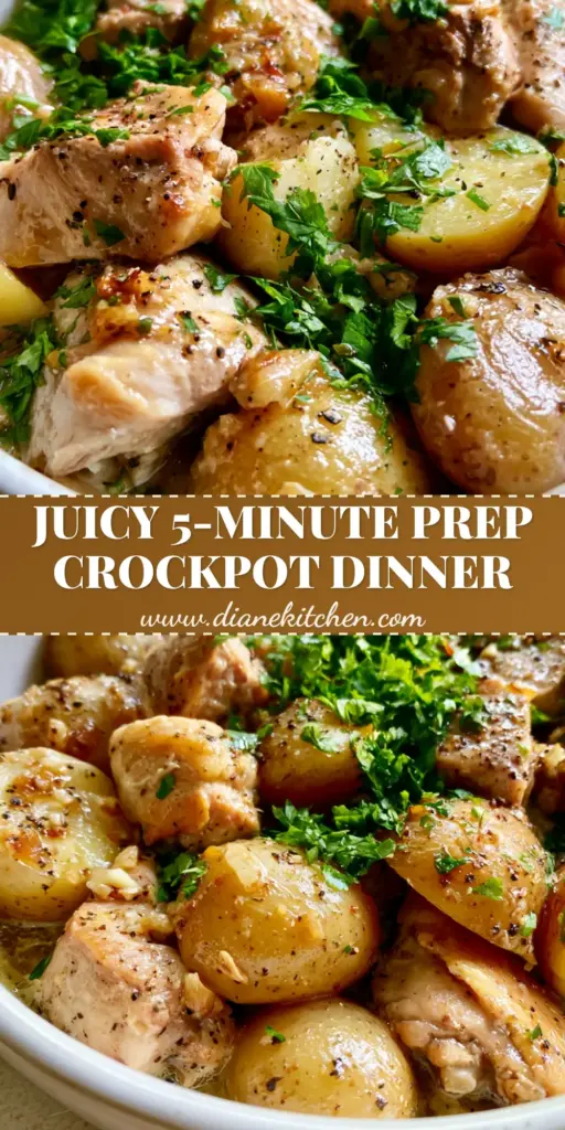 slow cooker chicken and potatoes with Garlic Butter Glaze 3 A rustic white ceramic slow cooker bowl filled with seared chicken thigh chunks and glistening halved baby gold potatoes in a garlic butter sauce. (slow cooker chicken and potatoes)