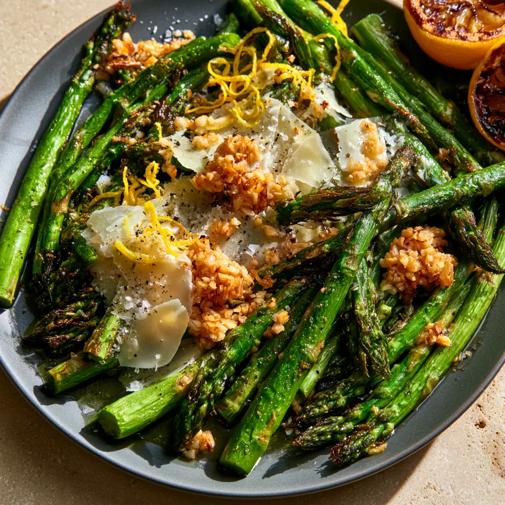 Oven Roasted Asparagus with Charred Garlic and Melted Parmesan 2 Top-down view of vibrant green oven roasted asparagus with garlic clusters and lemon zest. (oven roasted asparagus)