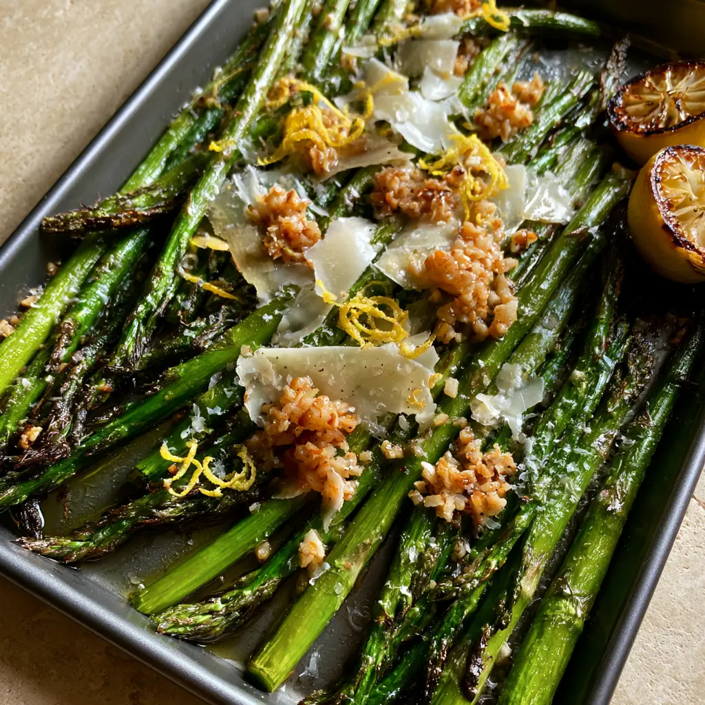 Oven Roasted Asparagus with Charred Garlic and Melted Parmesan 1 Macro shot of melted Parmigiano-Reggiano flakes on blistered asparagus stalks. (oven roasted asparagus)
