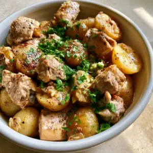 Close up of tender chicken thighs and gold potatoes with a rich garlic butter glaze. (slow cooker chicken and potatoes)