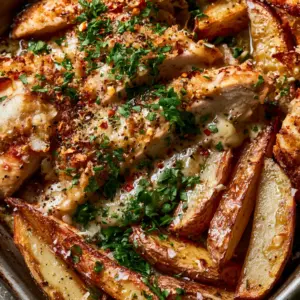 Overhead extreme close-up of Garlic Parmesan Chicken and Potatoes Recipe showing charred Yukon Gold wedges and juicy chicken.