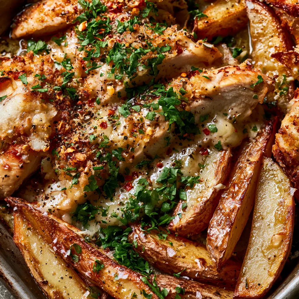 Garlic Parmesan Chicken and Potatoes Recipe: Crispy Sheet Pan Dinner 2 Overhead extreme close-up of Garlic Parmesan Chicken and Potatoes Recipe showing charred Yukon Gold wedges and juicy chicken.
