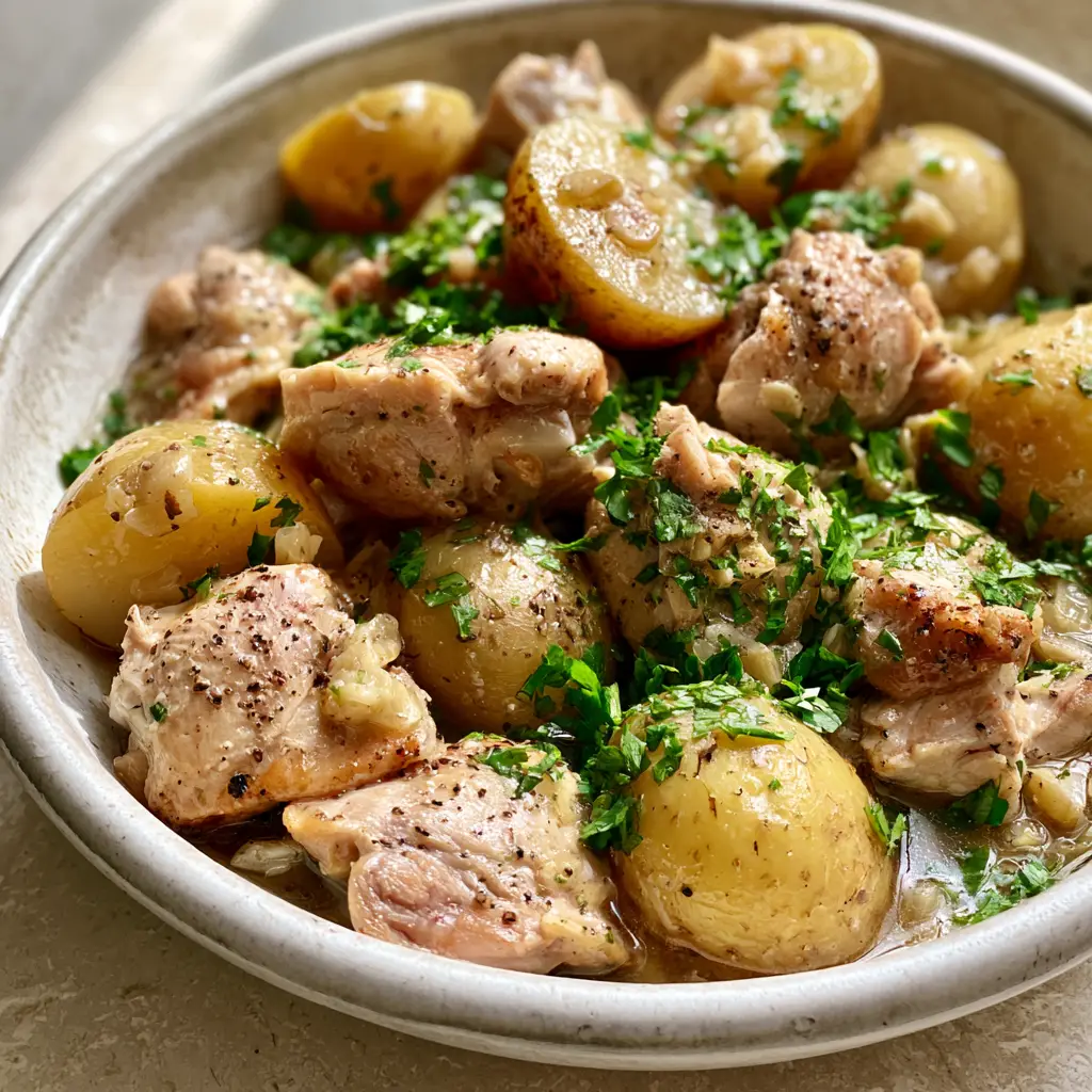slow cooker chicken and potatoes with Garlic Butter Glaze 1 Top view of slow cooker chicken and potatoes in a rustic white ceramic bowl on a stone countertop.