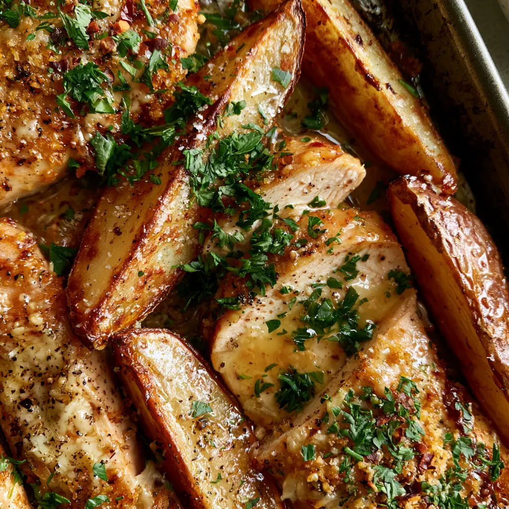 Garlic Parmesan Chicken and Potatoes Recipe: Crispy Sheet Pan Dinner 1 Close-up of the bubbly parmesan cheese crust on the Garlic Parmesan Chicken and Potatoes Recipe.