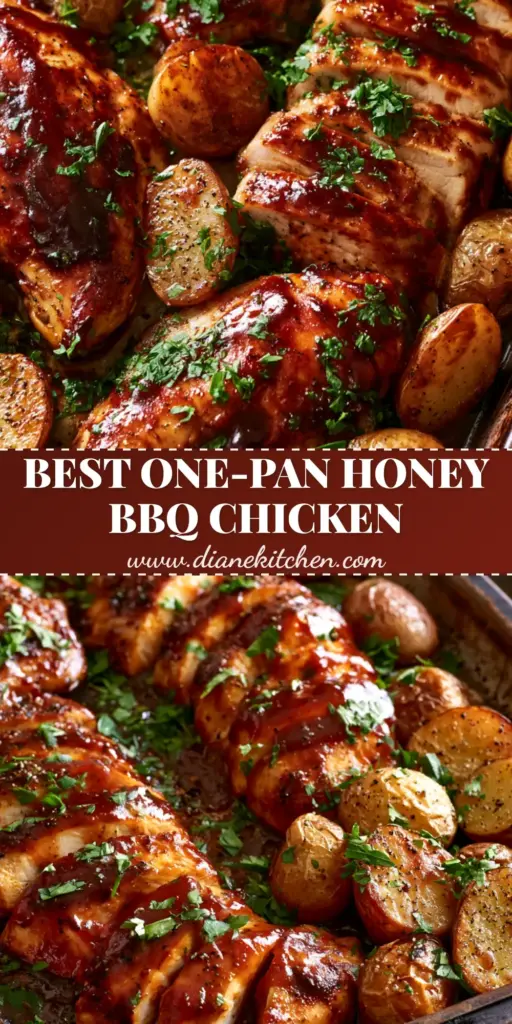 A close-up of Honey BBQ Chicken Potatoes on a dark metal sheet pan featuring sliced chicken with a thick mahogany glaze and crispy gold potatoes.