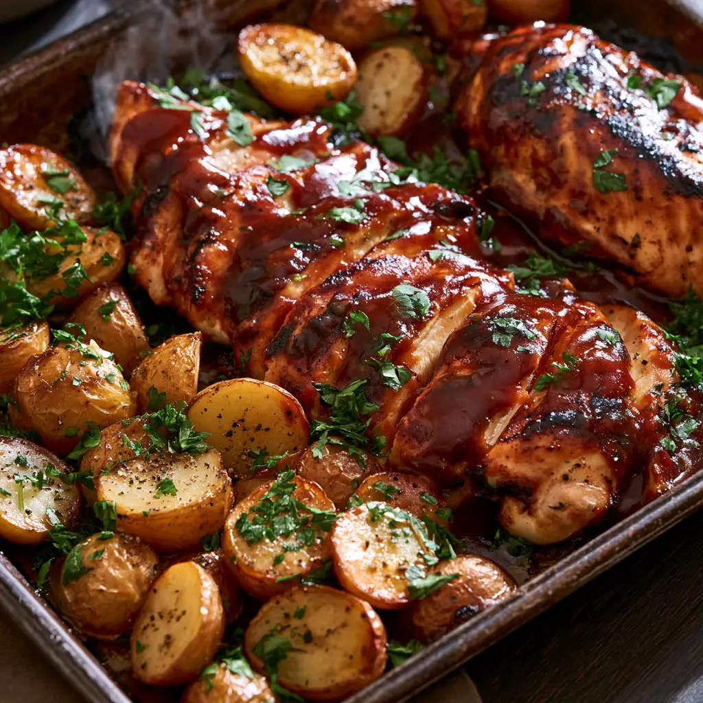 Rustic dark metal pan filled with perfectly roasted halved Yukon gold potatoes and BBQ glazed chicken strips.