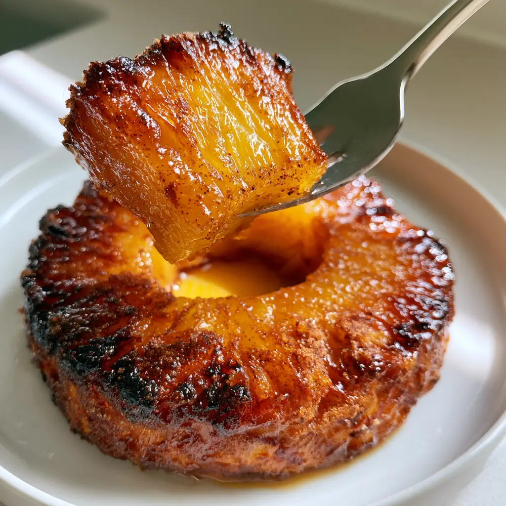 Golden yellow pineapple ring with a thick brown sugar glaze and visible cinnamon grains on a white plate. (air fryer caramelized pineapple)