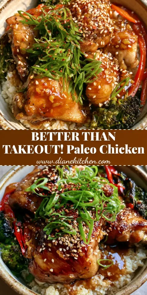 A close-up of a rustic bowl containing honey garlic seared chicken thighs over cauliflower rice, garnished with scallions and sesame seeds. (paleo chicken recipes)
