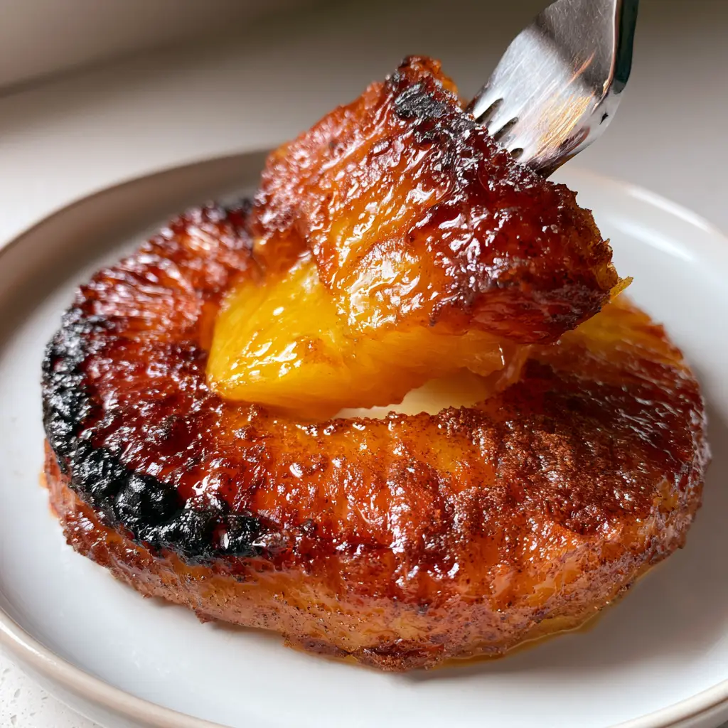 Thick caramelized pineapple slices with charred edges arranged on a minimalist white ceramic plate.
