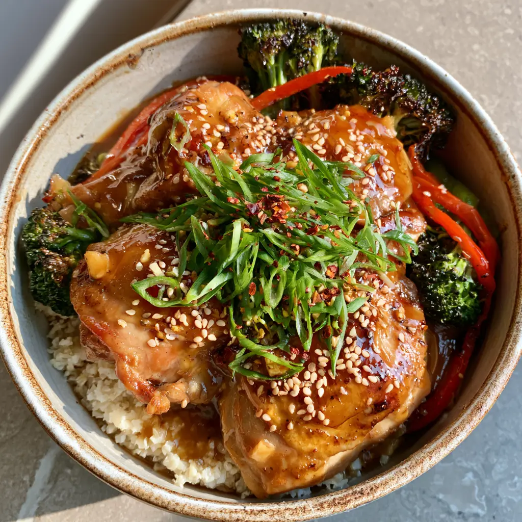 A top-down view of a paleo chicken bowl with cauliflower rice, red bell peppers, and scallions.