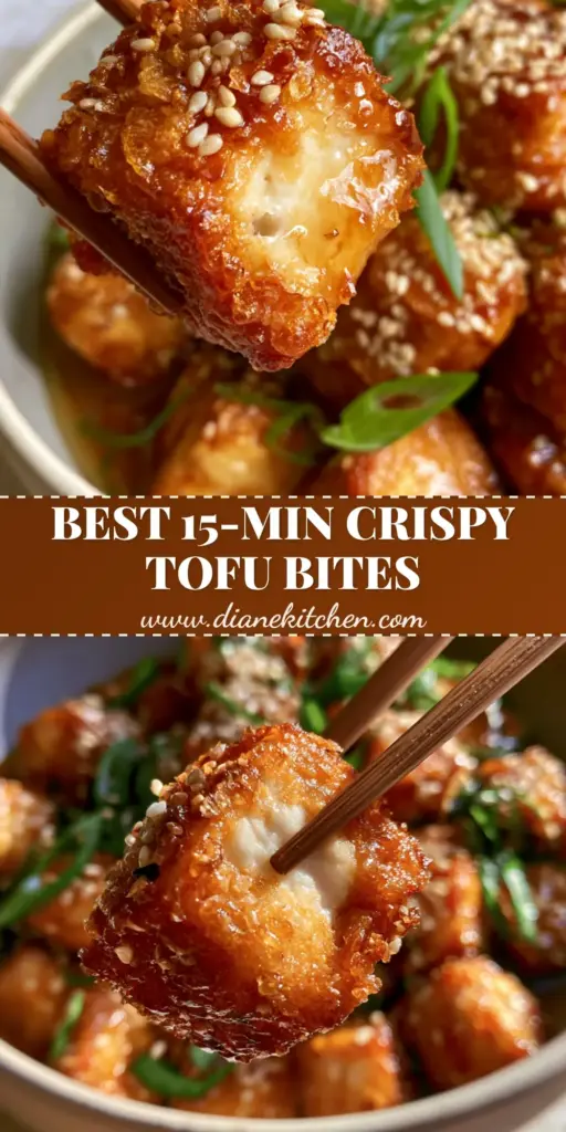 A stack of air fryer crispy tofu bites with a glossy amber glaze, toasted sesame seeds, and fresh scallions on a matte ceramic plate.