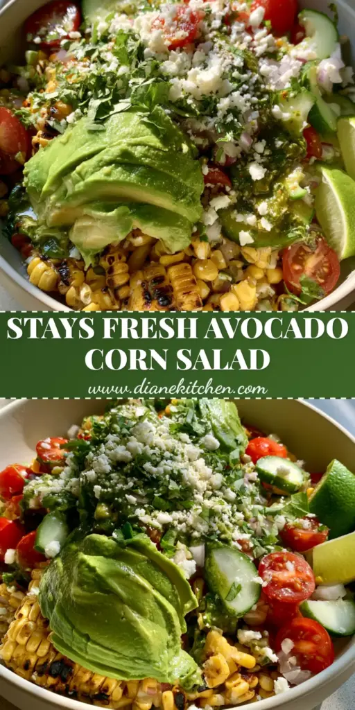 A shallow matte white bowl filled with vibrant avocado corn salad featuring charred corn, thick chunks of avocado, and cotija cheese garnish. (avocado corn salad)