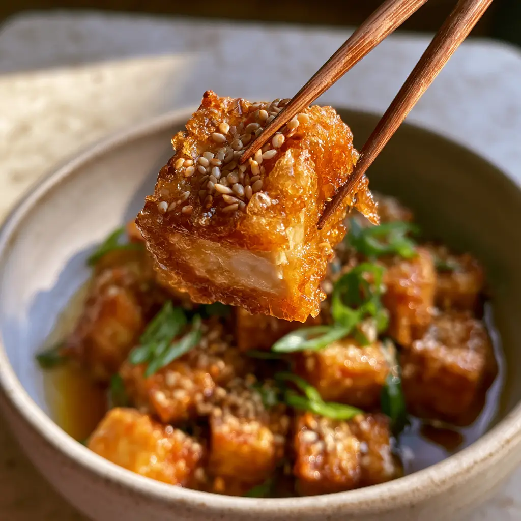 A bowl of glazed air fryer crispy tofu bites with steam wisps, sesame seeds, and green scallions on a stone countertop.