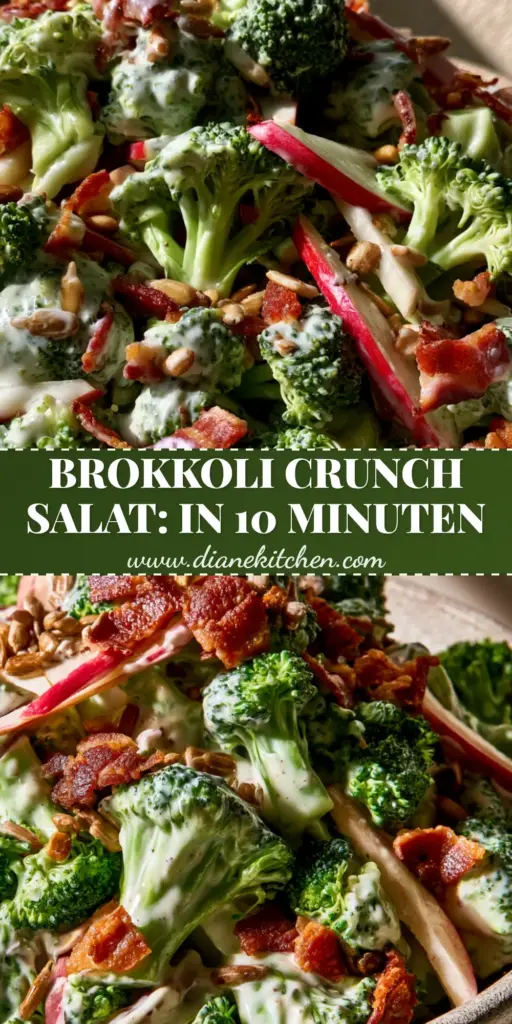 Broccoli Crunch Salat with Creamy Yogurt Dressing and Crispy Bacon 3 Vertical shot of Broccoli Crunch Salat in a stoneware bowl with yogurt dressing and bacon.