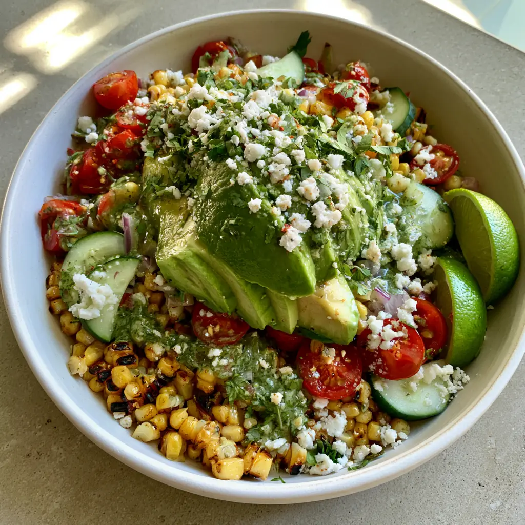 Close up of charred sweet corn kernels and creamy avocado chunks in a lime dressing. (avocado corn salad)