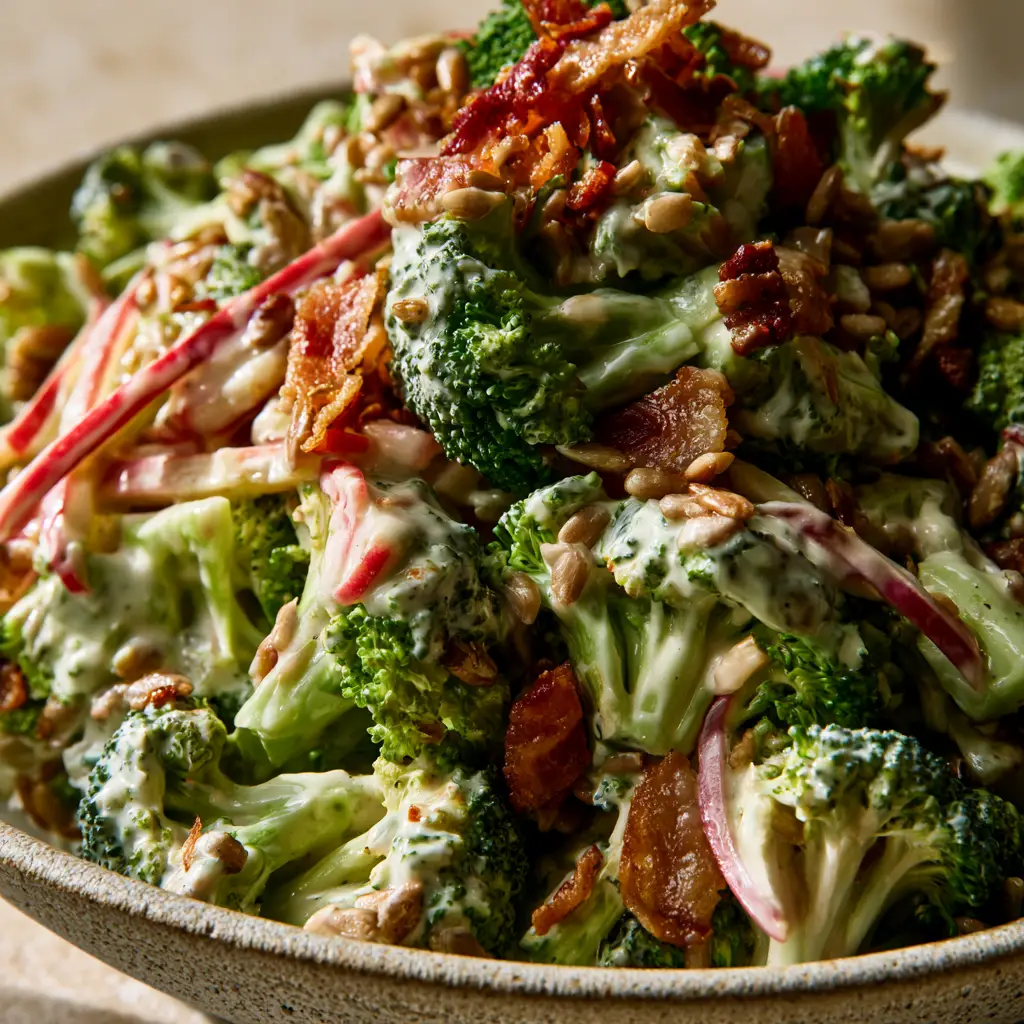 Broccoli Crunch Salat with Creamy Yogurt Dressing and Crispy Bacon 1 Close up of Broccoli Crunch Salat textures including crispy bacon and toasted sunflower seeds.