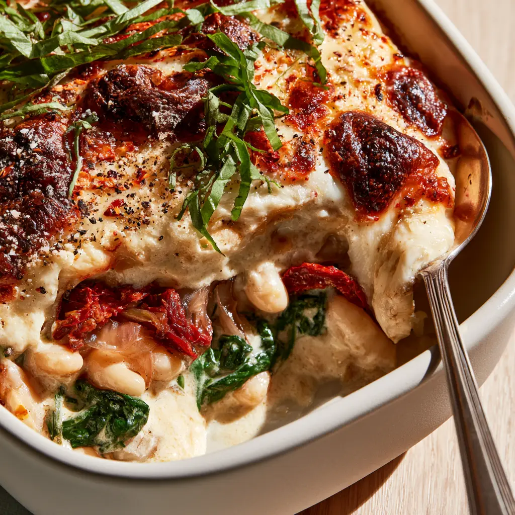 Side-profile cross-section of vegetarian casseroles showing layers of white beans, spinach, and thick roasted garlic cream sauce.