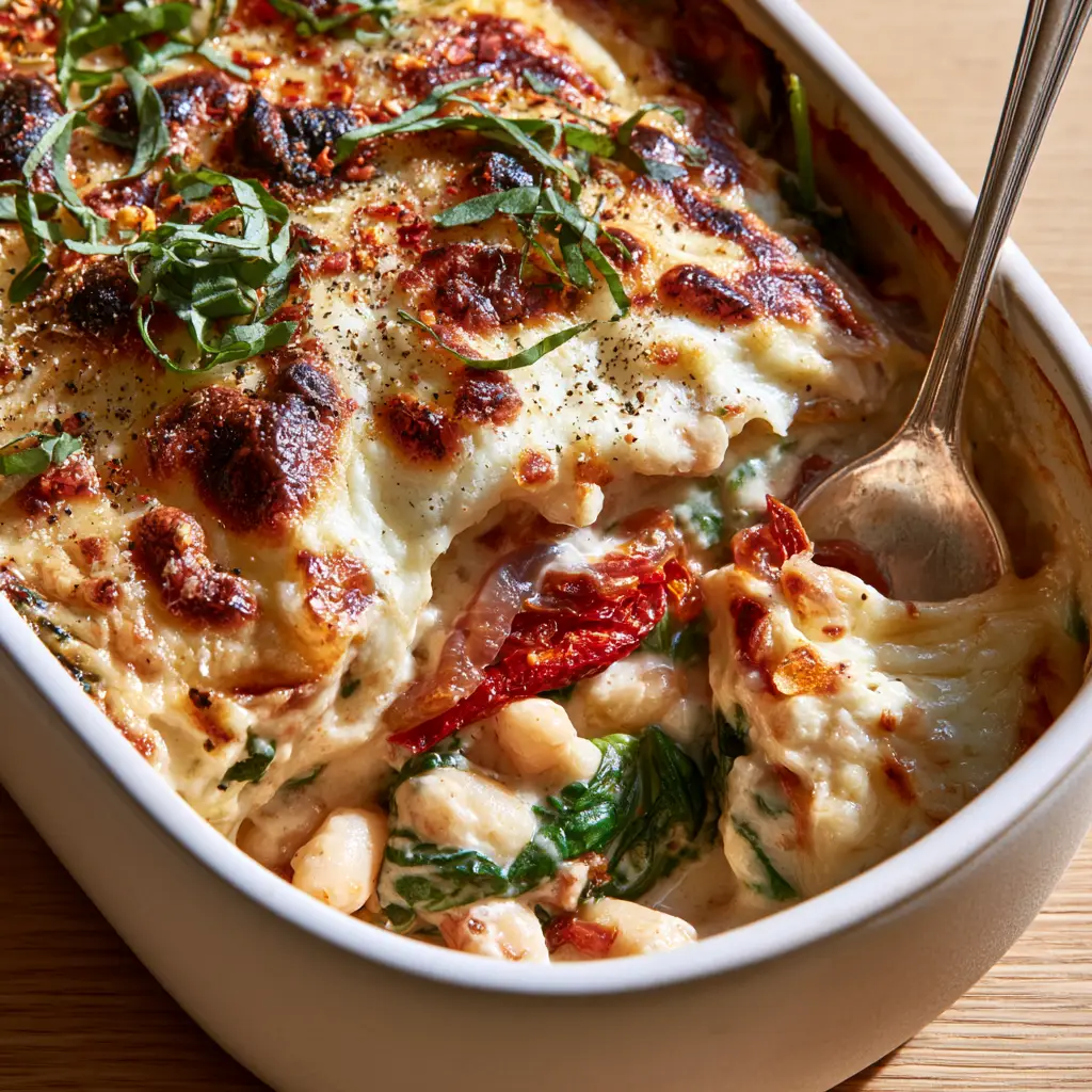Vegetarian Casseroles: Creamy Roasted Garlic and Cannellini Bean Bake 1 Close-up of blistered mozzarella and toasted parmesan crust on gourmet vegetarian casseroles garnished with red pepper flakes.