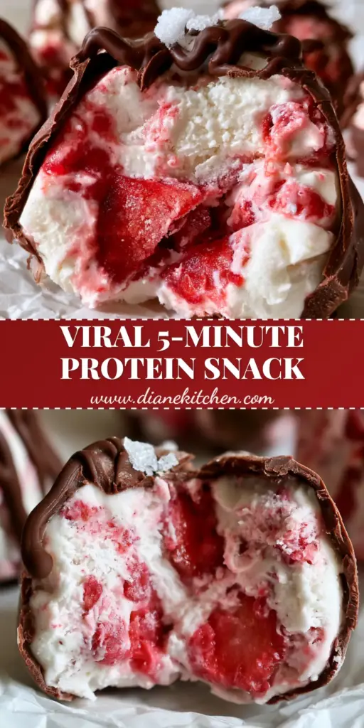 A vertical collage showing the process of making Strawberry Greek Yogurt Bites, featuring the chocolate dipping process and the final salted clusters.