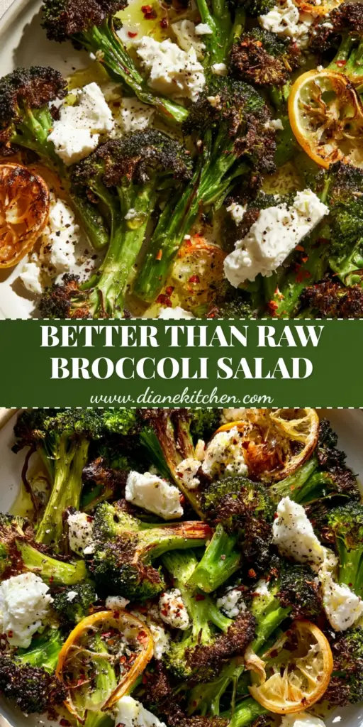 Roasted Broccoli Salad with Charred Lemons and Feta 3 Vertical Pinterest Pin showing a vibrant roasted broccoli salad with charred edges, feta cheese, and roasted lemon slices.