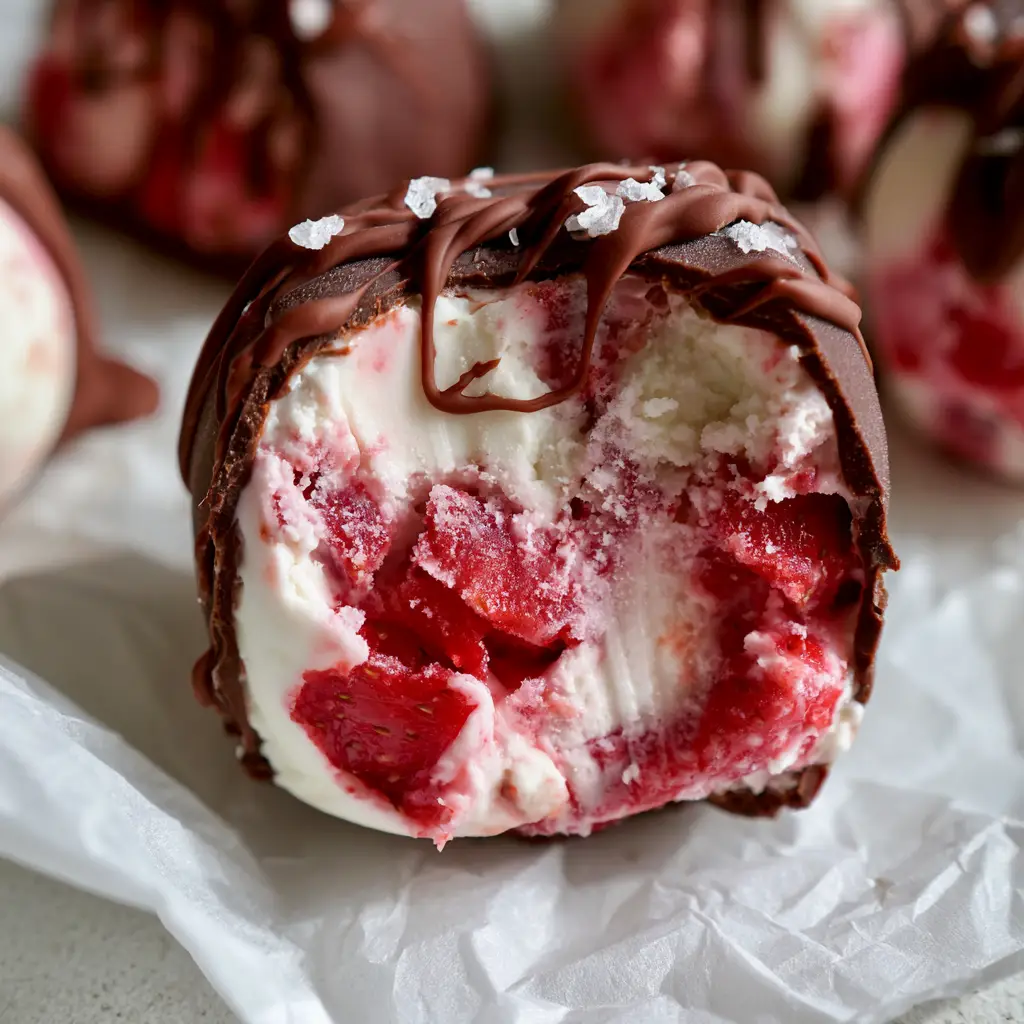 Frozen strawberry yogurt clusters resting on white crumpled parchment paper under warm natural sunlight, showing the glossy dark chocolate drizzle.