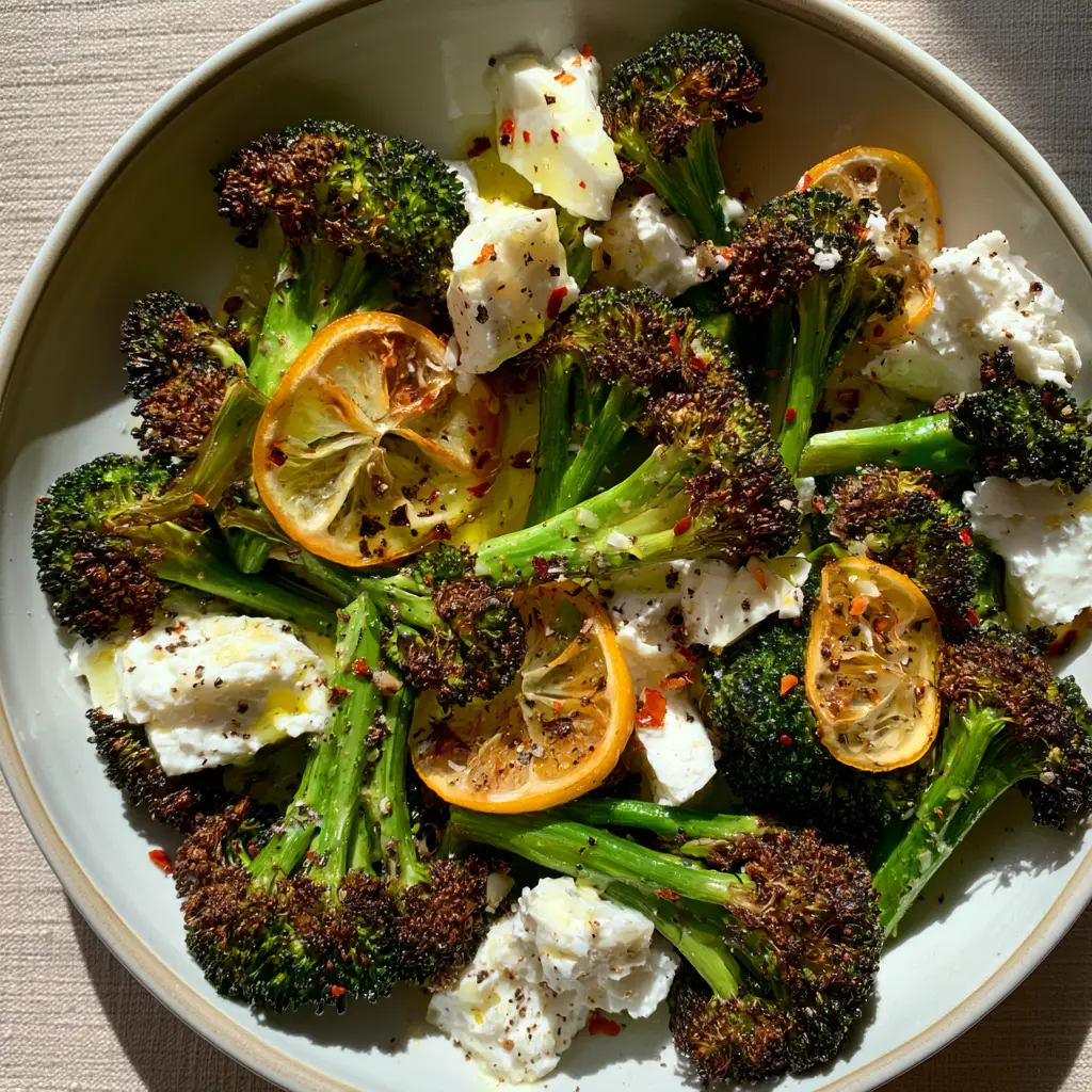 A top-down hero shot of roasted broccoli salad in a ceramic bowl featuring charred florets and creamy feta.