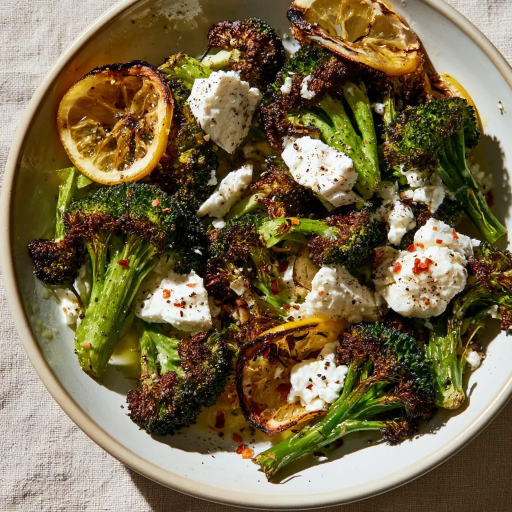 Roasted Broccoli Salad with Charred Lemons and Feta 1 Close up of roasted broccoli salad showing textures of crispy edges and glistening lemon vinaigrette.