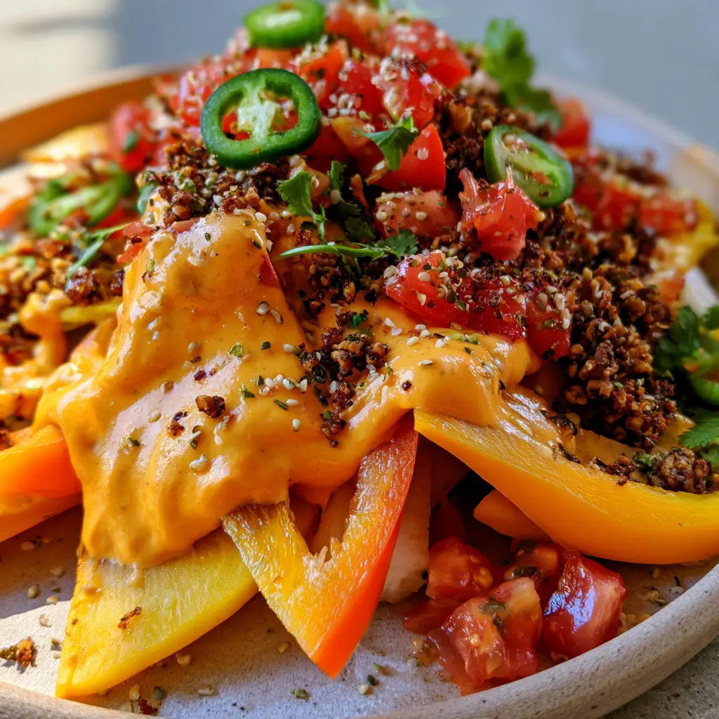 Close up shot of Raw vegan nachos showing thick cashew cheese drips and fresh cilantro sprigs on bell pepper triangles.