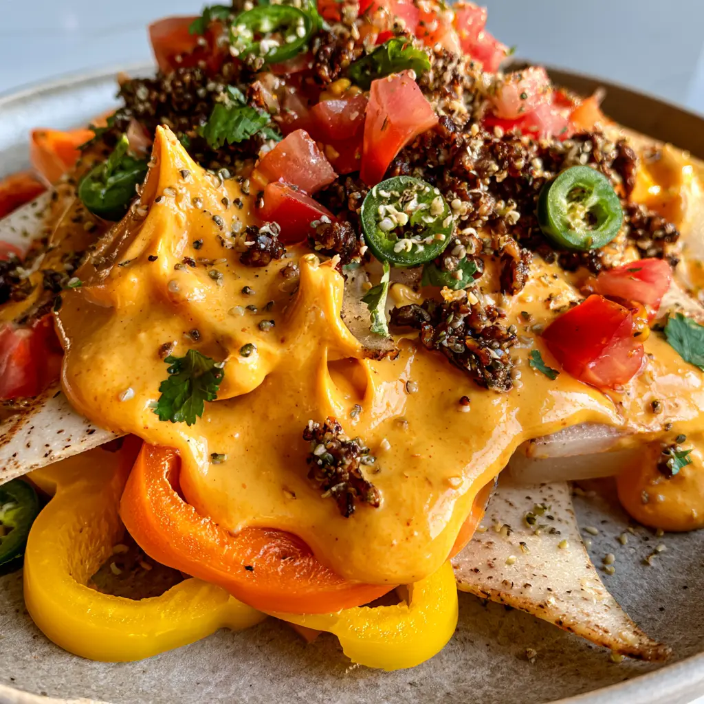Raw vegan nachos with Creamy Cashew Cheese and Savory Walnut Meat 1 Overhead view of a messy plate of Raw vegan nachos garnished with hemp hearts and fresh jalapenos.