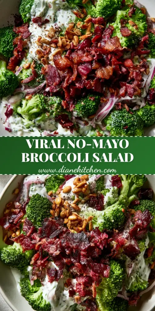 A top-down macro shot of a Skinny Broccoli Salad in a matte white bowl featuring emerald broccoli, mahogany bacon, and whipped Greek yogurt dressing.