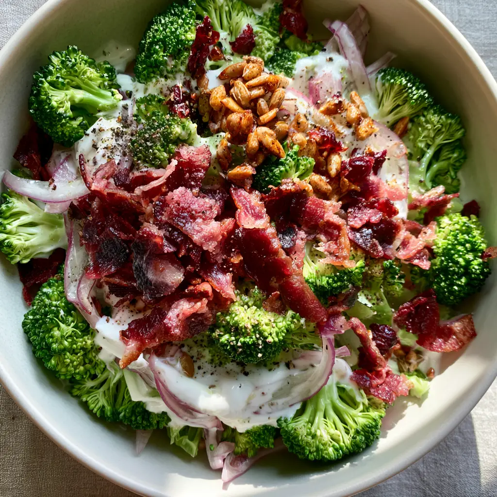 Close-up of Skinny Broccoli Salad showing the vibrant emerald green florets and crispy smoked bacon crumbles.
