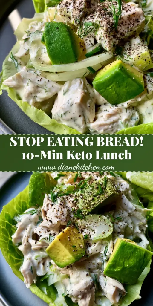 Keto Chicken Salad Recipe with Avocado and Fresh Dill 3 A top-down macro shot of a vibrant keto chicken salad served in crisp butter lettuce cups on a charcoal plate. (keto chicken salad recipe)
