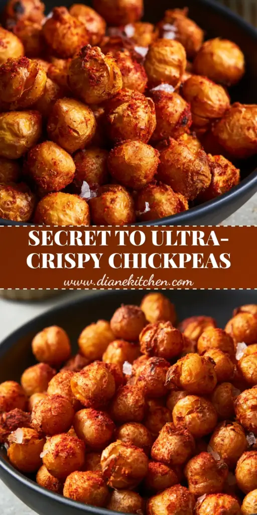 A tall Pinterest pin image showing ultra-crispy air fryer chickpeas with blistered skins and a smoked paprika dusting in a matte black bowl.