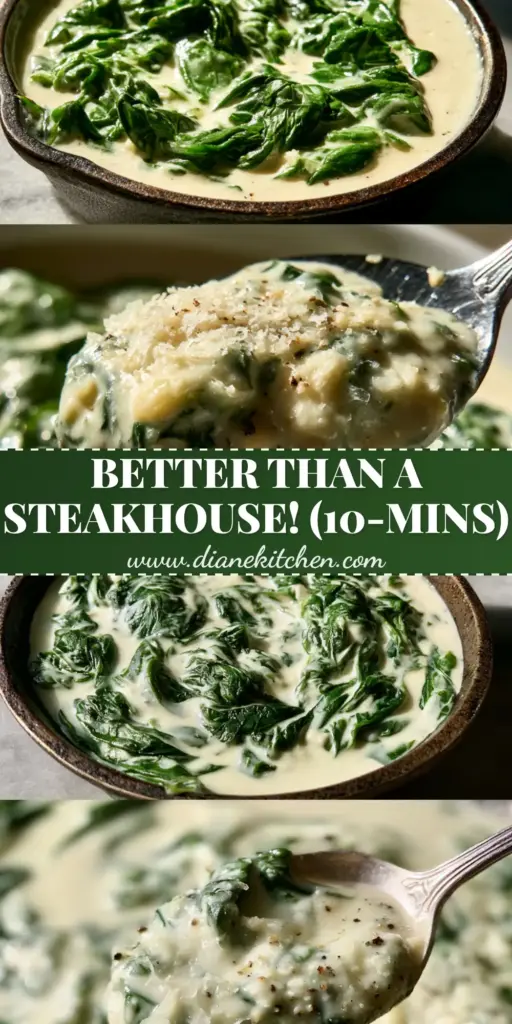 A vertical split-view showing a cast iron skillet of creamy spinach and a macro spoon shot of the velvety sauce. (creamy spinach recipe)