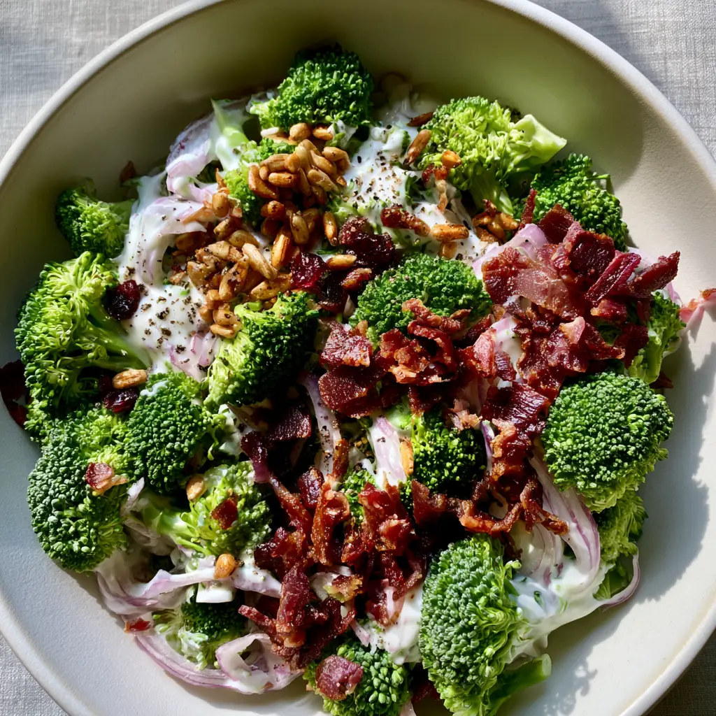 Top-down view of Skinny Broccoli Salad topped with golden sunflower seeds and dried cranberries in a matte white ceramic bowl.