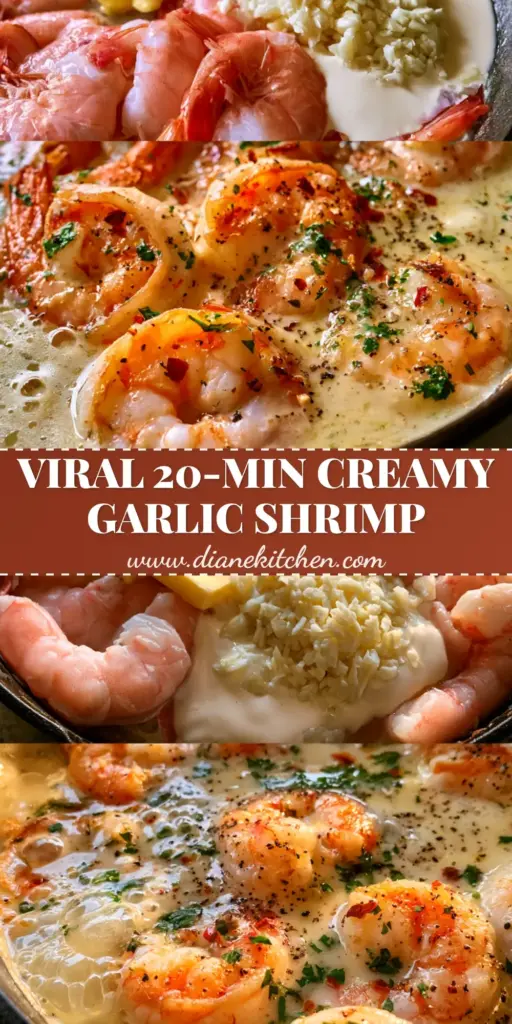 A close-up vertical shot of Creamy Garlic Shrimp in a cast-iron skillet, featuring seared golden edges, thick pale-gold sauce, and vibrant green parsley. (Creamy Garlic Shrimp)