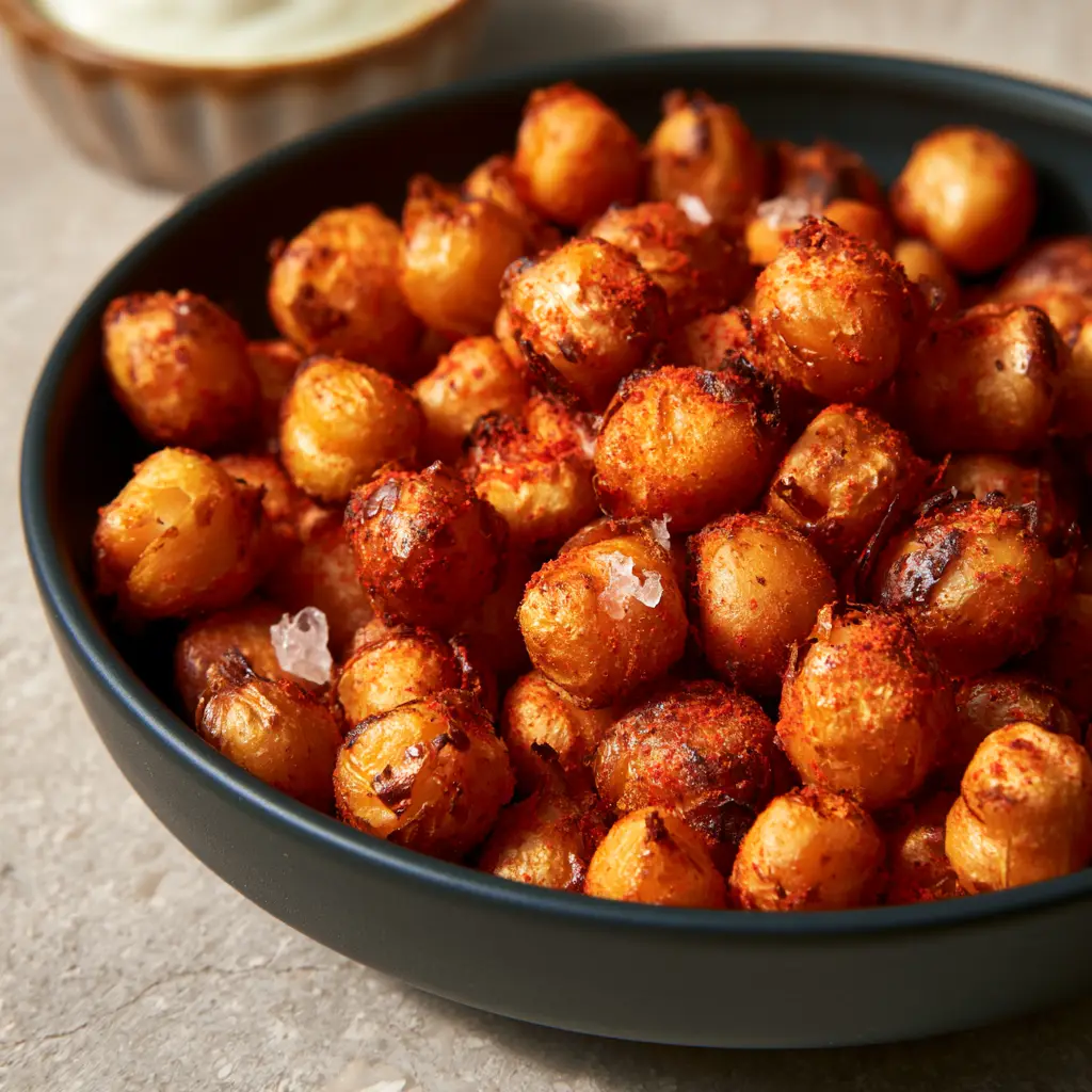 Extreme macro close-up of air fryer chickpeas showing shattered, blistered skins and vibrant red smoked paprika dusting.