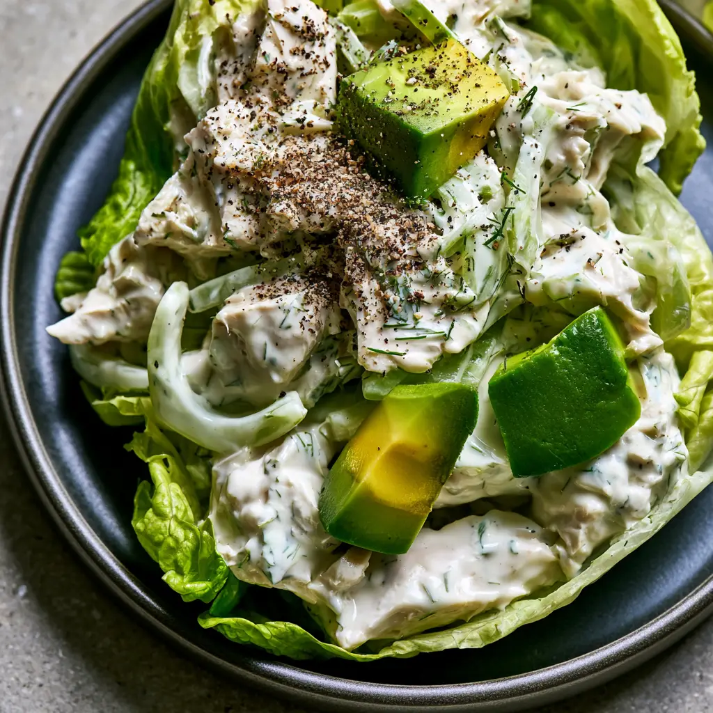 Close-up of shredded chicken and bright green avocado cubes in a lemon-infused dressing. (keto chicken salad recipe)