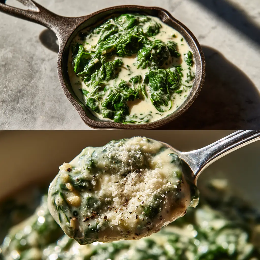 Top-down view of wilted baby spinach in an ivory cream sauce with parmesan and nutmeg. (creamy spinach recipe)