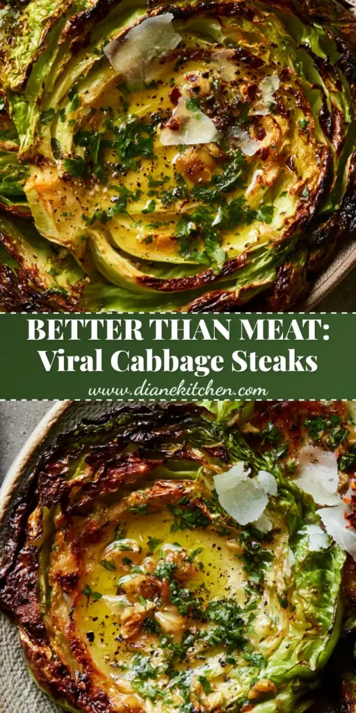 A Pinterest-perfect vertical shot of roasted herb-butter cabbage steaks with charred edges and melted garlic butter on a rustic platter.