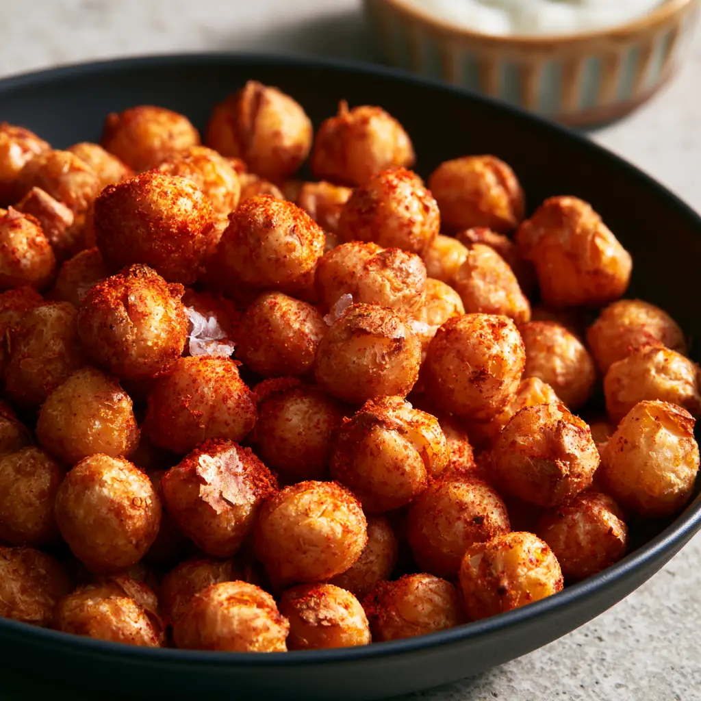 A matte black ceramic bowl filled with golden-orange air fryer chickpeas and a background of creamy tahini dip.